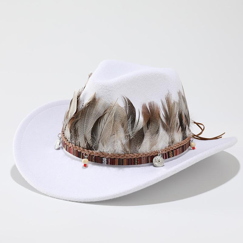 Autumn and winter new woolen top hat men and women couple hat minority style feather decorative western cowboy hat