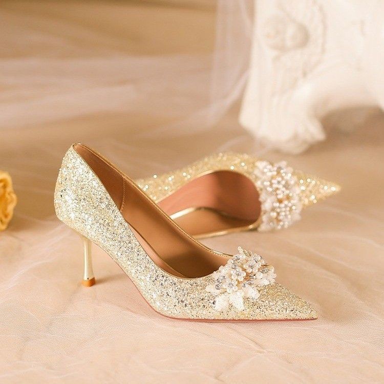 Beautiful high-end golden crystal high-heeled shoes women's 2025 new Hexiu wedding dress two wear