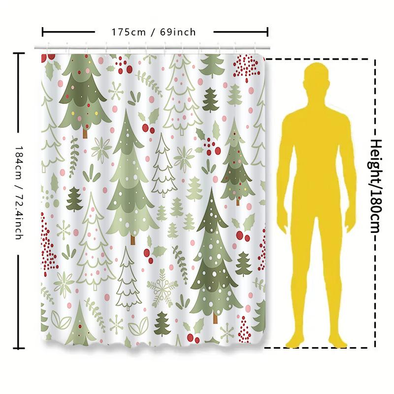 Christmas Themed Shower Curtain With Cute Green Trees Red Berries Snowflakes Festive Bathroom Decor Easy To Clean And Maintain