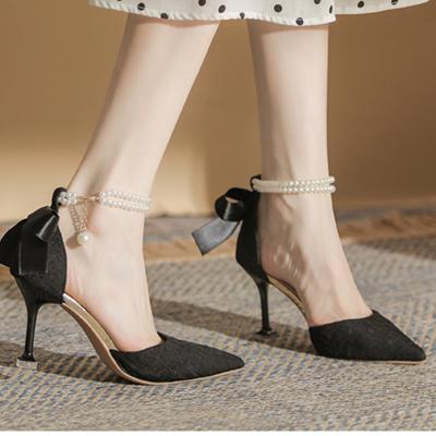 Fashion Women Shoes Pointed Toe Butterfly Knot 2024 Spring String of Pearls Outdoors Women's High Heels Shoes Zapatos Para Mujeres