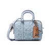 Bolsa de Barril Azul Denim Assinada, Acabamento em Couro com Logo C Embossado, Ferragens Prateadas, Bolsa Transversal Satchel Conversível para Viagem Diária Feminina CJ832-LHPBU
