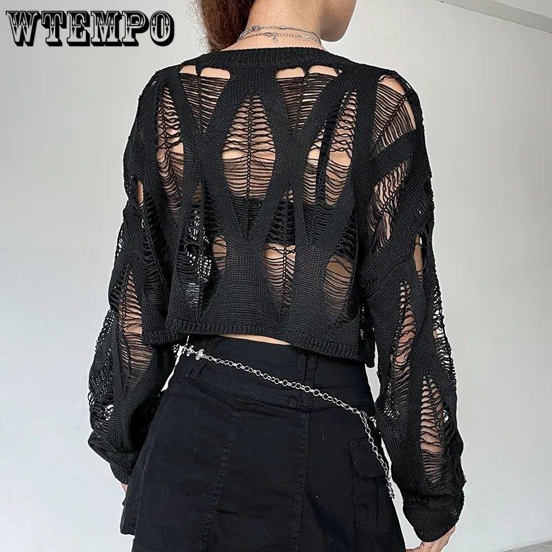 WTEMPO Hollow Out Pullovers Women Black Spring Autumn Sweater Casual Loose Korean Solid Knitwear Streetwear