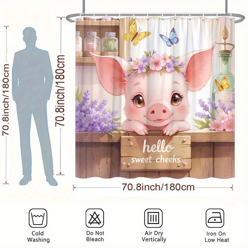 1pc Pink Piglet Shower Curtain - Flower Crown & Butterflies, Rustic Charm, Polyester, 70.8x70.8In, 12 Hooks, Washable