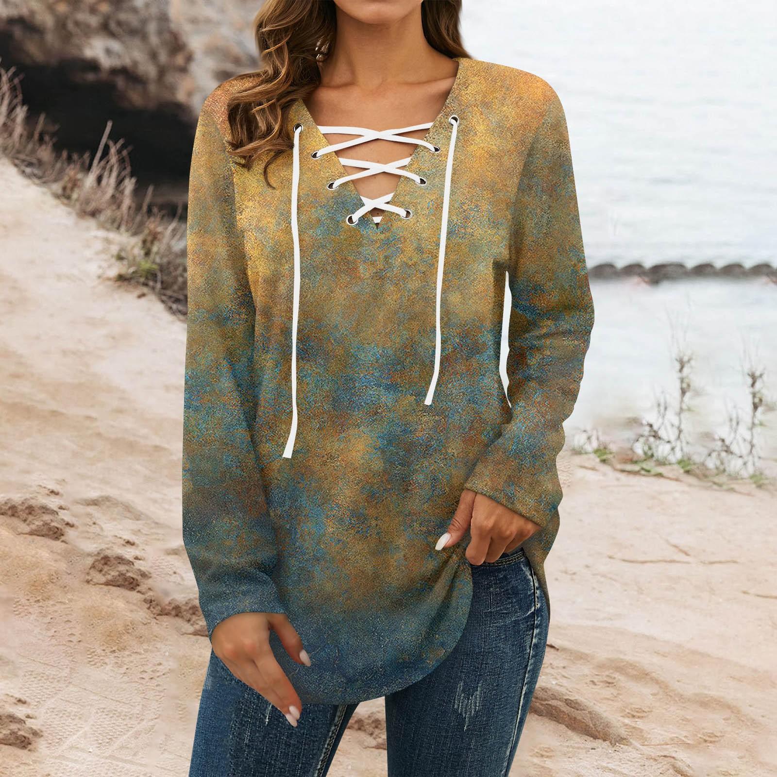 

Женская блузка, модная свободная повседневная футболка с v-образным вырезом и длинными рукавами, топ L золотой