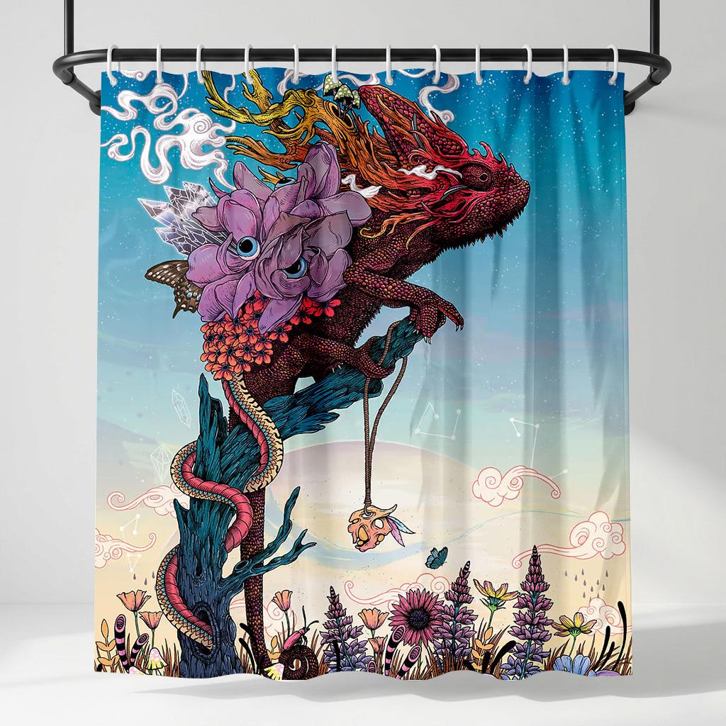 

Artistic Chameleon Nature Shower Curtain - Creative Surreal Animal Floral Design - Indoor Home Bathroom Decor Bath Curtai W60H190(CM)-1 Pcs