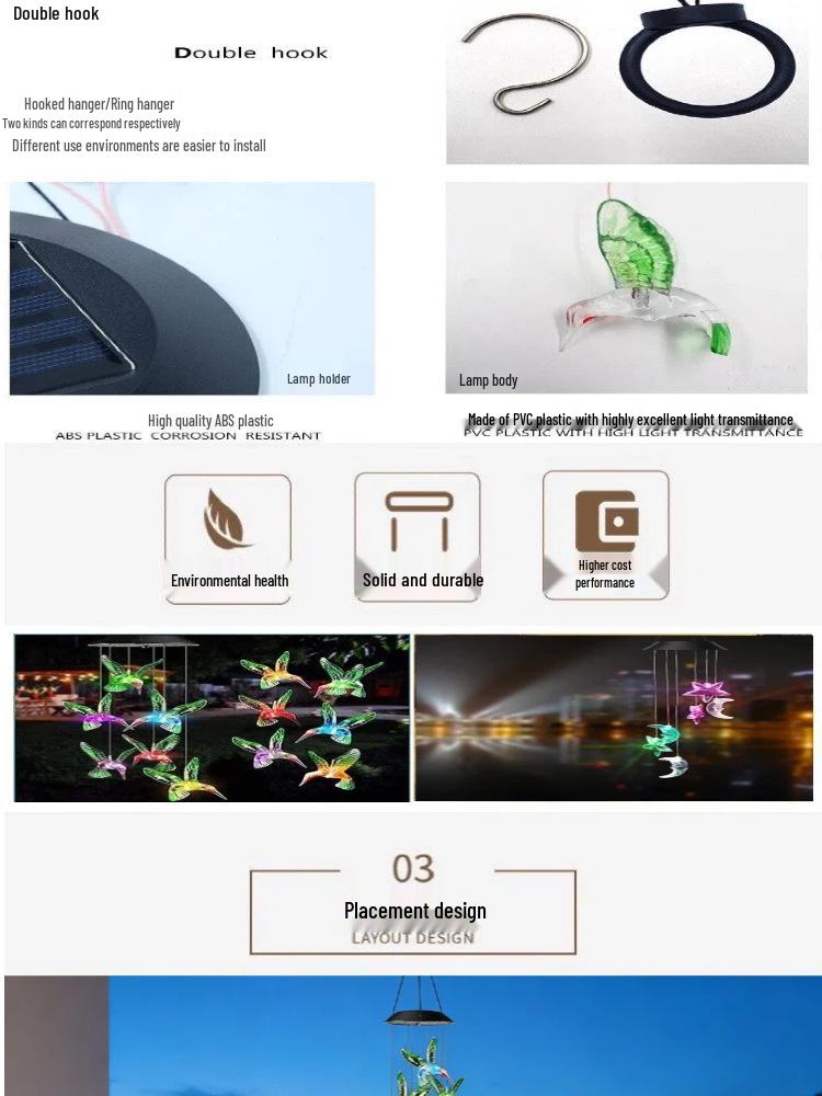 Solar-LED Kolibri Windspiel: Siebenfarbiger Gradient Dekoratives Außenlicht