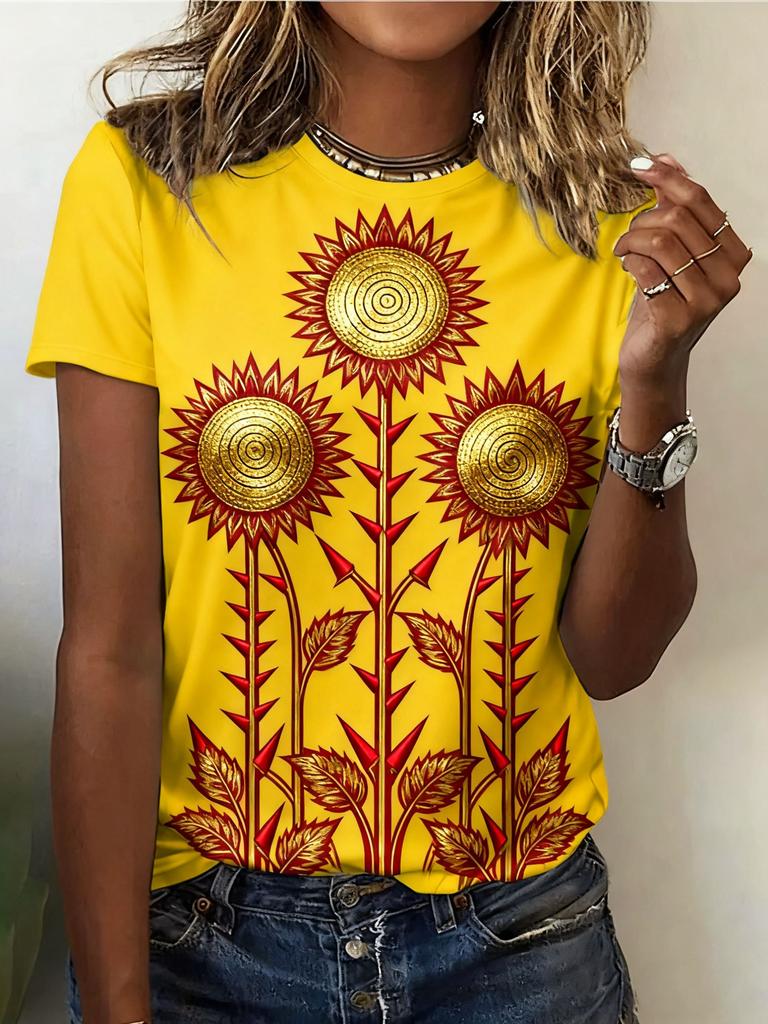 Summer Ethnic Floral 3D Print T-Shirts Women's Streetwear Round Neck Short Sleeve T Shirt Tees Harajuku Y2K Tops Female Clothing