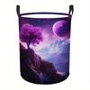 2D Flat, Dreamy Purple Kingdom 2D Flat Printed Laundry Basket with Handles - Foldable, Durable Polyester Round Storage Box, Suitable for Bedroom, Bath