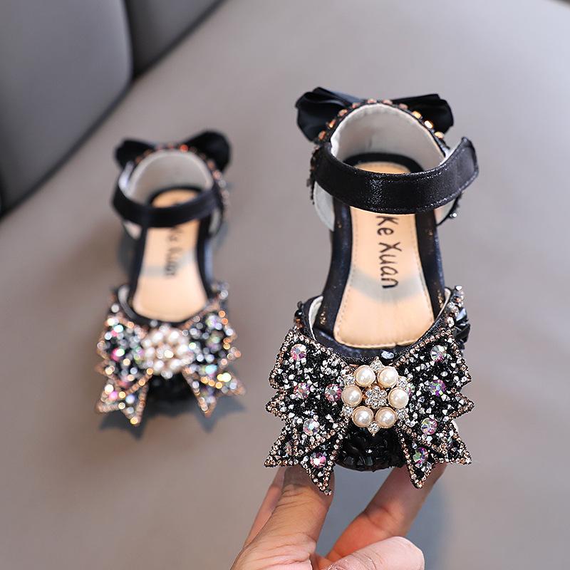 2025 Spring/Summer Girls' Rhinestone Bow Soft Sole Korean Style Leather Sandals