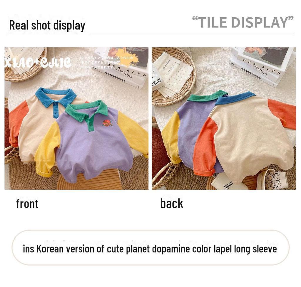 Children's Polo Shirt - Korean Style, Contrasting Colors, Cotton, Long-Sleeve, Lightweight, for Spring and Autumn.