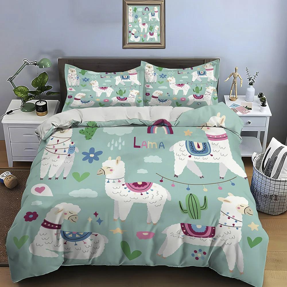 Cute Cartoon Llama Alpaca Print Bedding Set Duvet Cover 1 Duvet Cover 2 Pillowcases Adult and Children Bedding Set Luxury Gifts