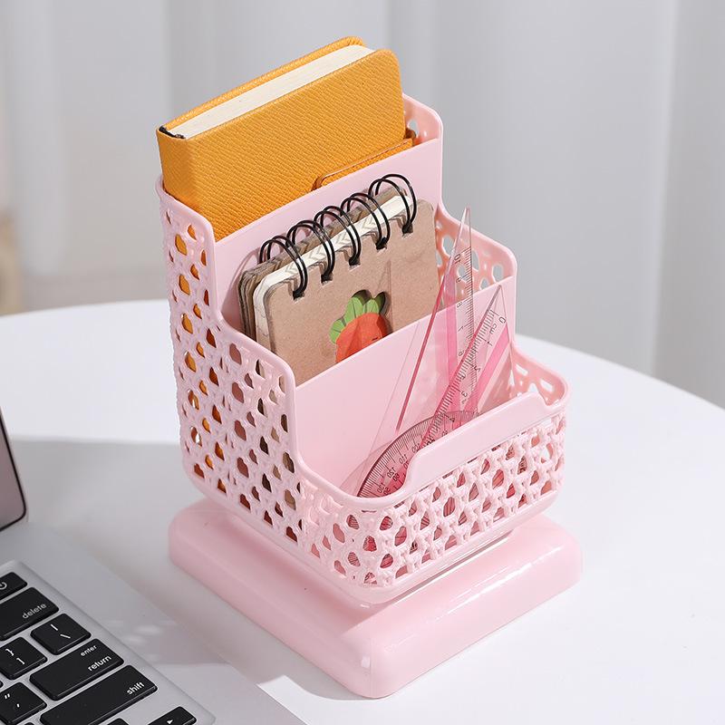 Rattan Woven Pen Holder Makeup Organizer Desktop Storage Box Container for Cosmetics Jewelry Stationery Plastic Organizer
