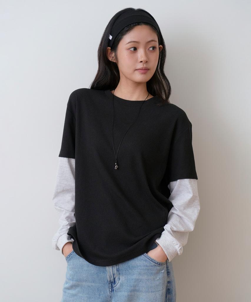 Sayu Pigment Waffle Layered T-Shirt Black