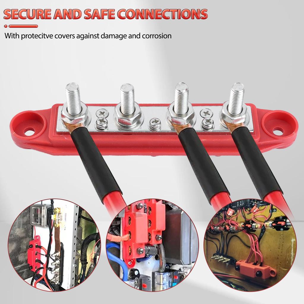 12V Strømfordelingsblokk 250A Samleskinne Koblingsklemme med Deksel M8 4-veis 5/16" Terminalbolter 48VDC 300VAC for Bil Båt Bobil