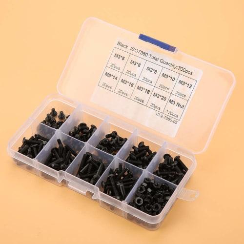 300-Piece Hex Socket Button Head Bolt Set, M3 Universal Size, 9 Lengths, Hex Screws, Button Head Bolts and Nuts, Alloy Steel, Repair Tool, Carbon Stee