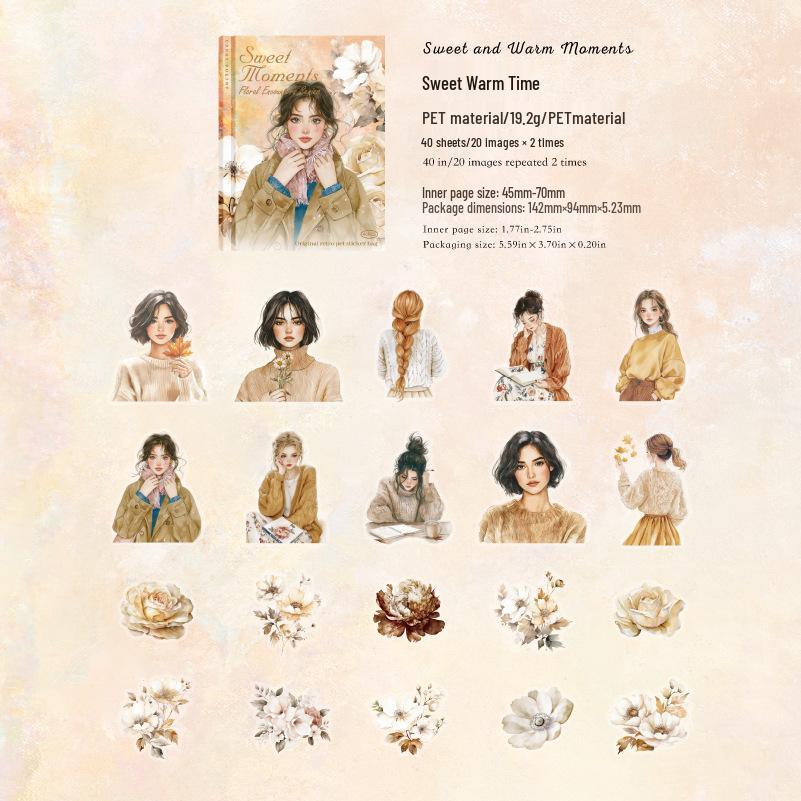 

Sugar Poem White Ink Sticker Pack: Blooming Encounter - 40 Sheets of Flower & Character-Themed Journal Decor