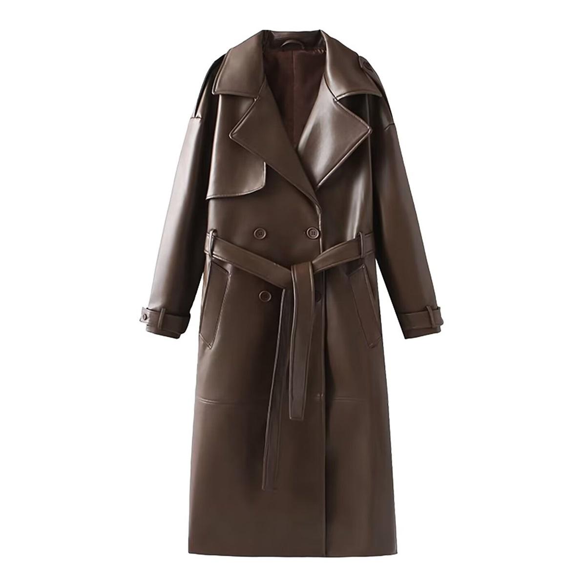 Women Faux Leather Long Trench Coat