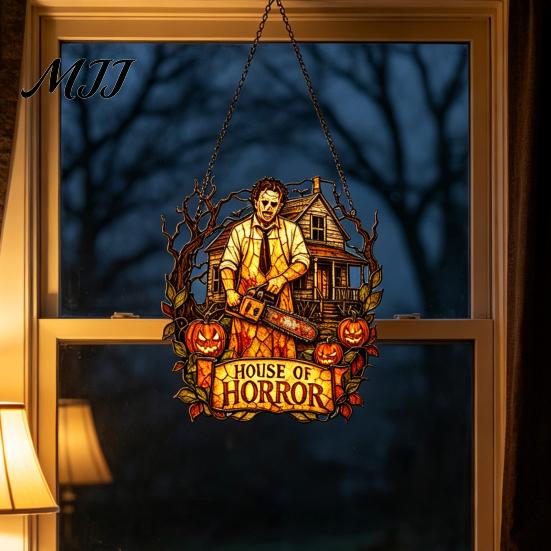 Gothic Porch Hanging Signs Halloween 2D Horror Window Decor, Acrylic Glowing Suncatcher with Outdoor Waterproof Party Supplies Ghost Tree Pumpkin,