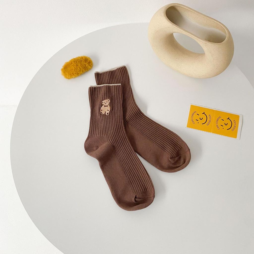 21 New Products Embroidered Bear Socks For Women, Simple And Cute College Style Socks, Casual Solid Color Medium Tube Socks Cotton.