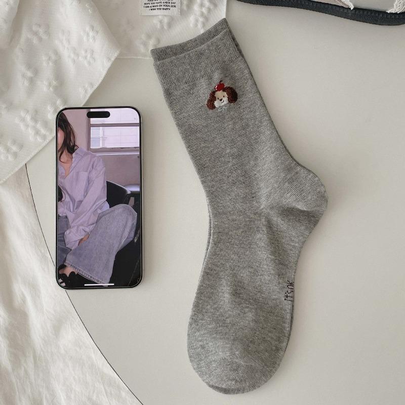 Cute Female Cartoon Plush Puppy Cotton Socks, Breathable and Comfortable Mid-calf Socks, Grey School-style Long Socks