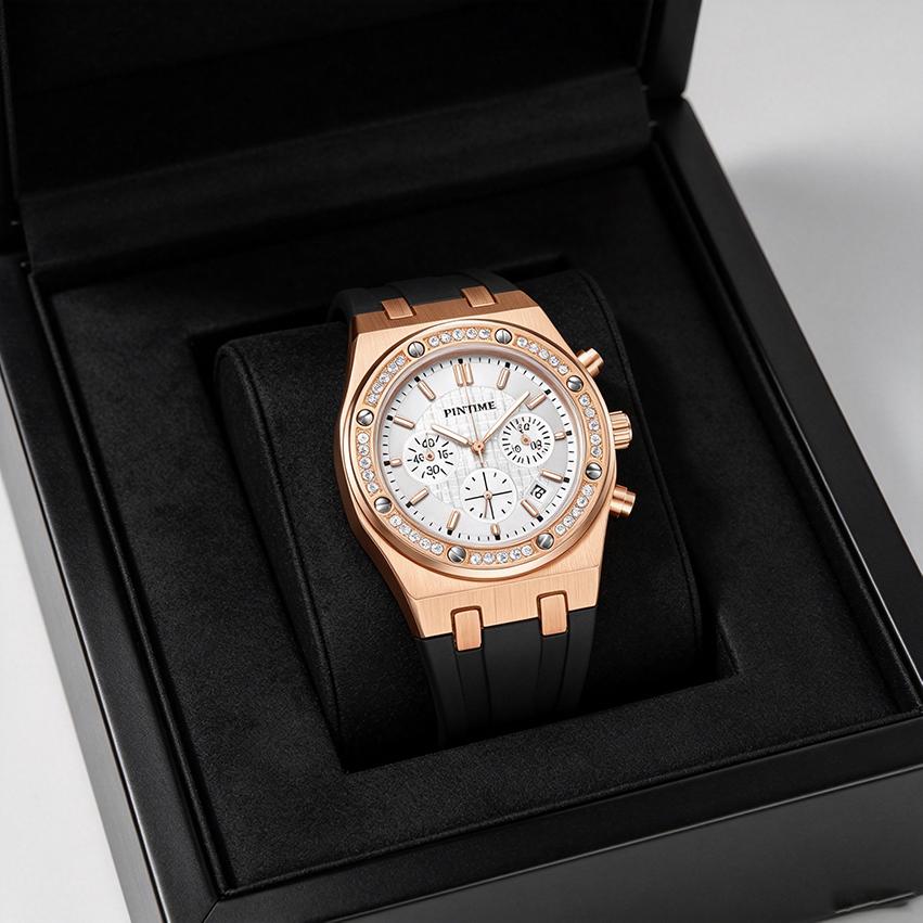 Men's Casual Watch Diamond Iced Bezel Quartz Wristwatch Sports Waterproof 30m Chronograph Fashion Silicone Band Reloj Hombre