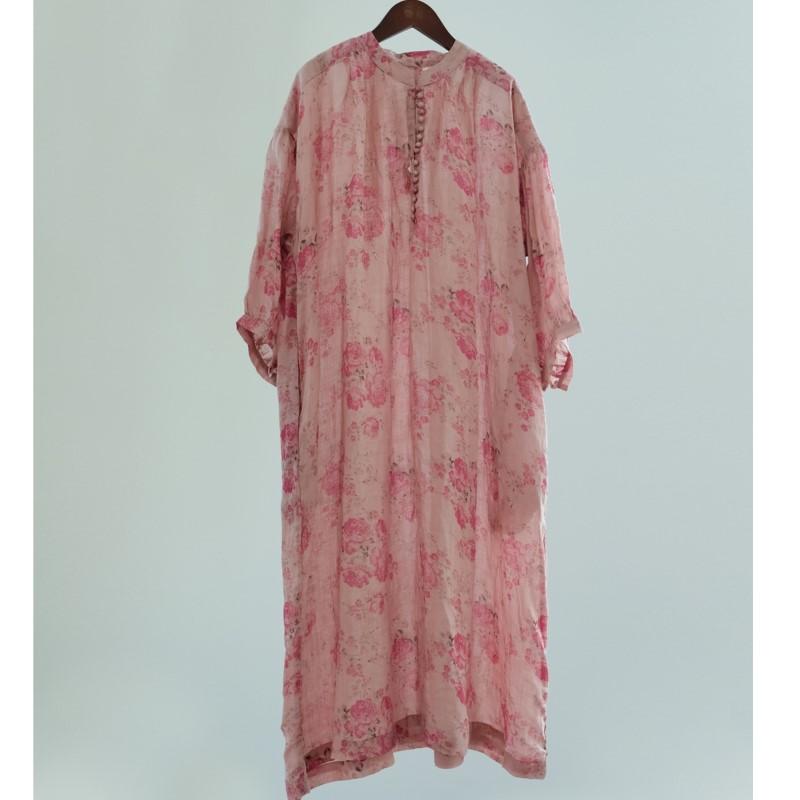 Johnature Women Vintage Ramie Print Floral Dress Seven Sleeve Autumn Robes Loose Button V-Neck A-Line Dresses