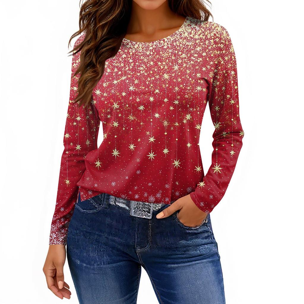 Women's Fashion Casual Slit Hem Round Neck Long Sleeve Loose Printed T-Shirt Ladies Top