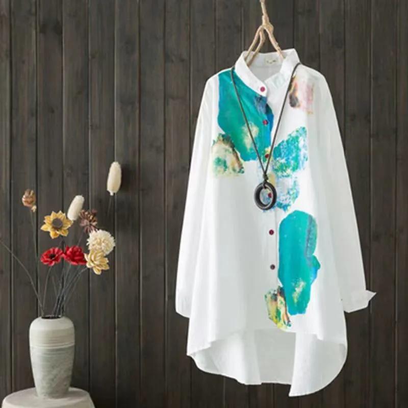 

Women s Spring and Summer Stand-up Collar Printed Blouse Loose Mid-length Long-sleeved Shirt S білий