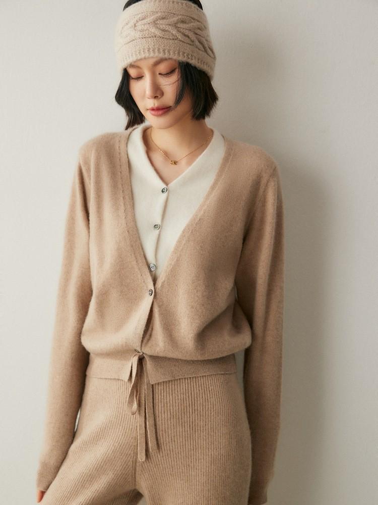 Kaschmir-Cardigan mit V-Ausschnitt: Weicher, im französischen Stil gestrickter, lockerer Damenpullover für Herbst/Winter