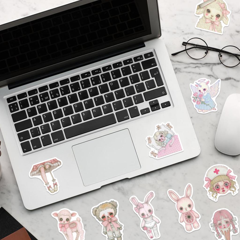 50PCS Pink Creepy Girl Stickers Cute Cartoon Doodles Decorative Stickers for Cups, Notebooks, Phones, and Luggage