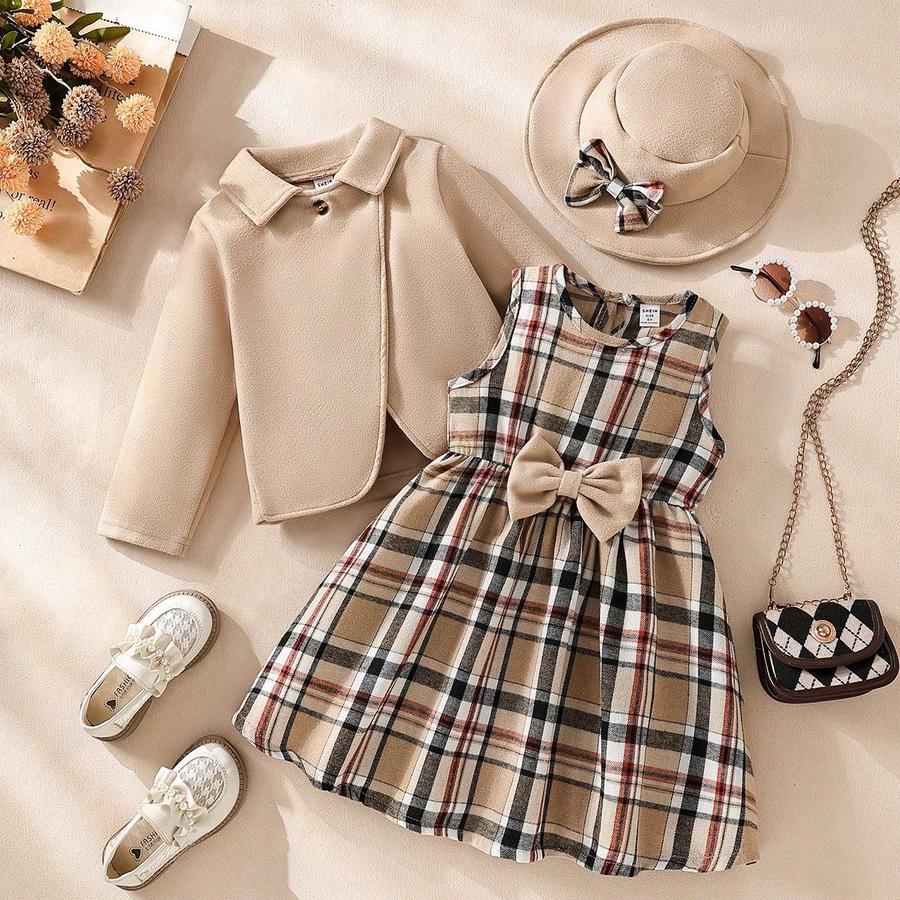 

Elegant Wool Coat + Plaid A-Line Dress + Bow Tie Hat Set for Girls Autumn Winter Three-Piece Outfit 4Y верблюд