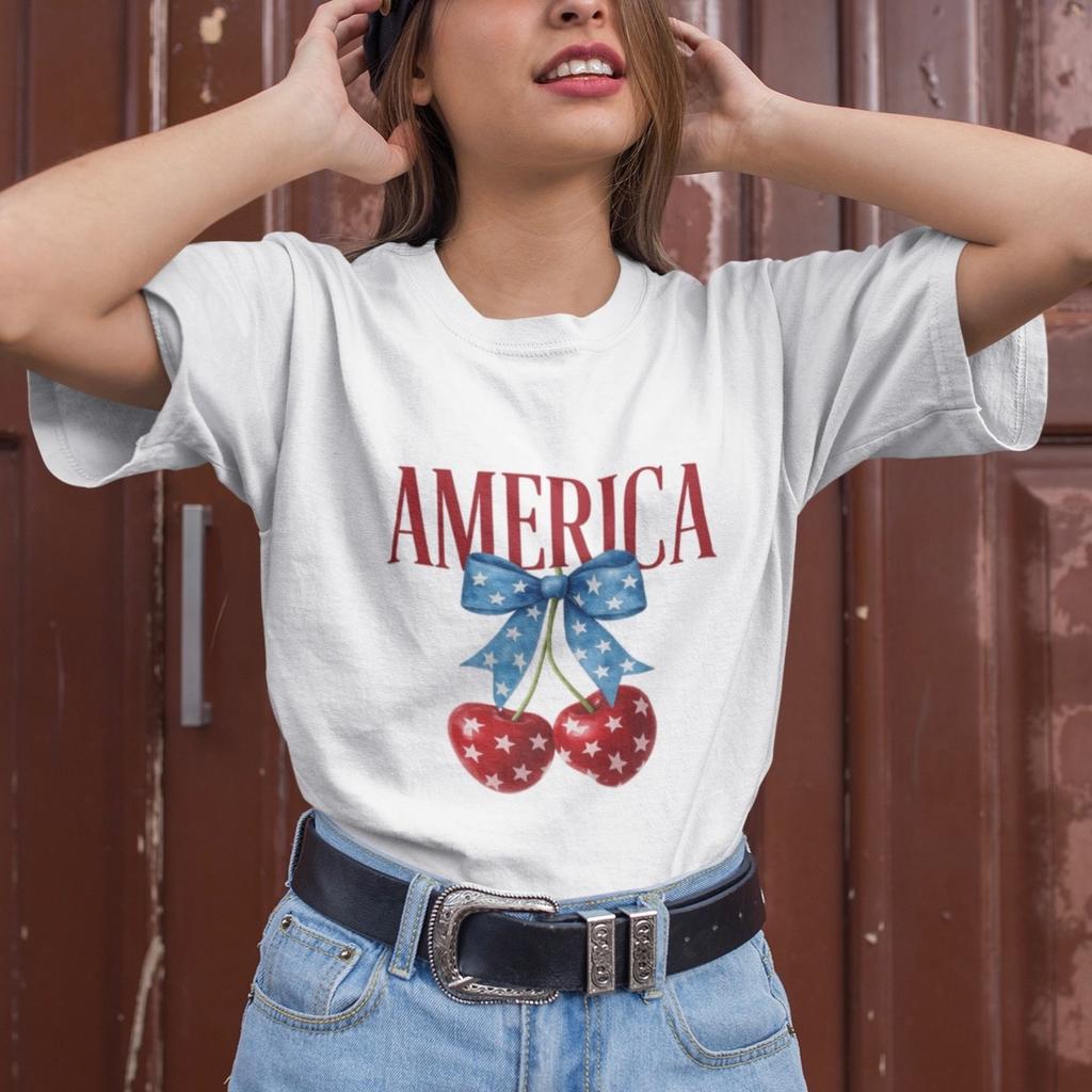 America Cherry Bow T-Shirt Unisex Patriotic 4th of July USA Graphic Casual Top