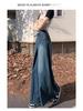 Plus Size Retro Frayed Wide-Leg Denim Skirt for Pear-Shaped Women - High Waist, Slimming Flared Design for Spring and Autumn.