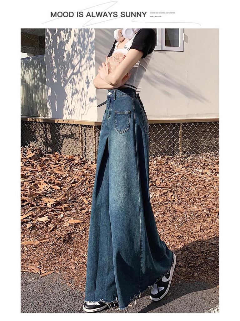Plus Size Retro Frayed Wide-Leg Denim Skirt for Pear-Shaped Women - High Waist, Slimming Flared Design for Spring and Autumn.