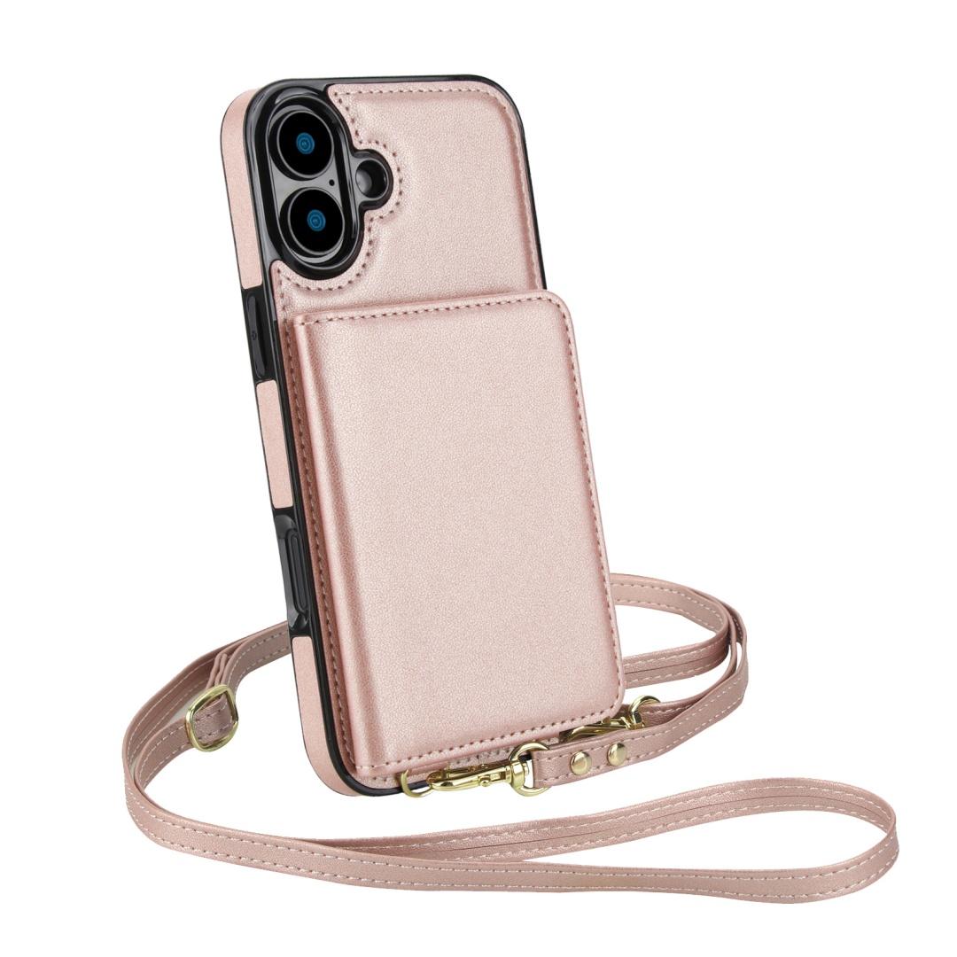 

Для iPhone 7 - 16 серії! 7-кольоровий багатофункціональний чохол для телефону зі штучної шкіри з слотами для карток, ремінцем на зап ястя, шнурком та підставкою iPhone 16e рожевий колір золота