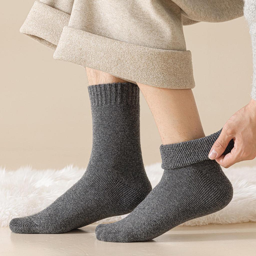 Men's Wool Fleece-lined Mid-Calf Socks for Autumn & Winter, Cold-Proof, Thick & Warm, Solid Color
