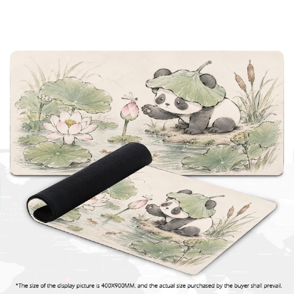 Large XXL Computer Deskpad Lovely Panda Lotus Koi Fish Painting Design Rubber Anti-slip Gaming Keyboard Mouse Mats For Desktop