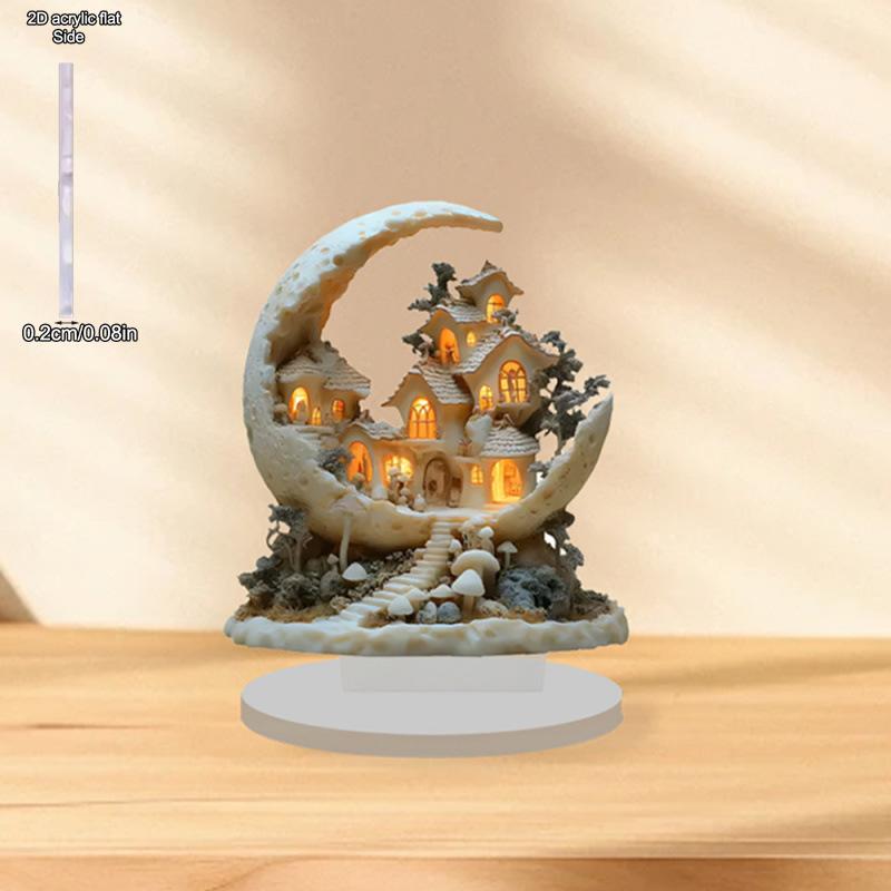 2D Flat Planet Moon House Acrylic Desktop Decoratio, Lent Festival, with Base, Suitable for wall decoration, porch, room, villa, accents Home, Hallway