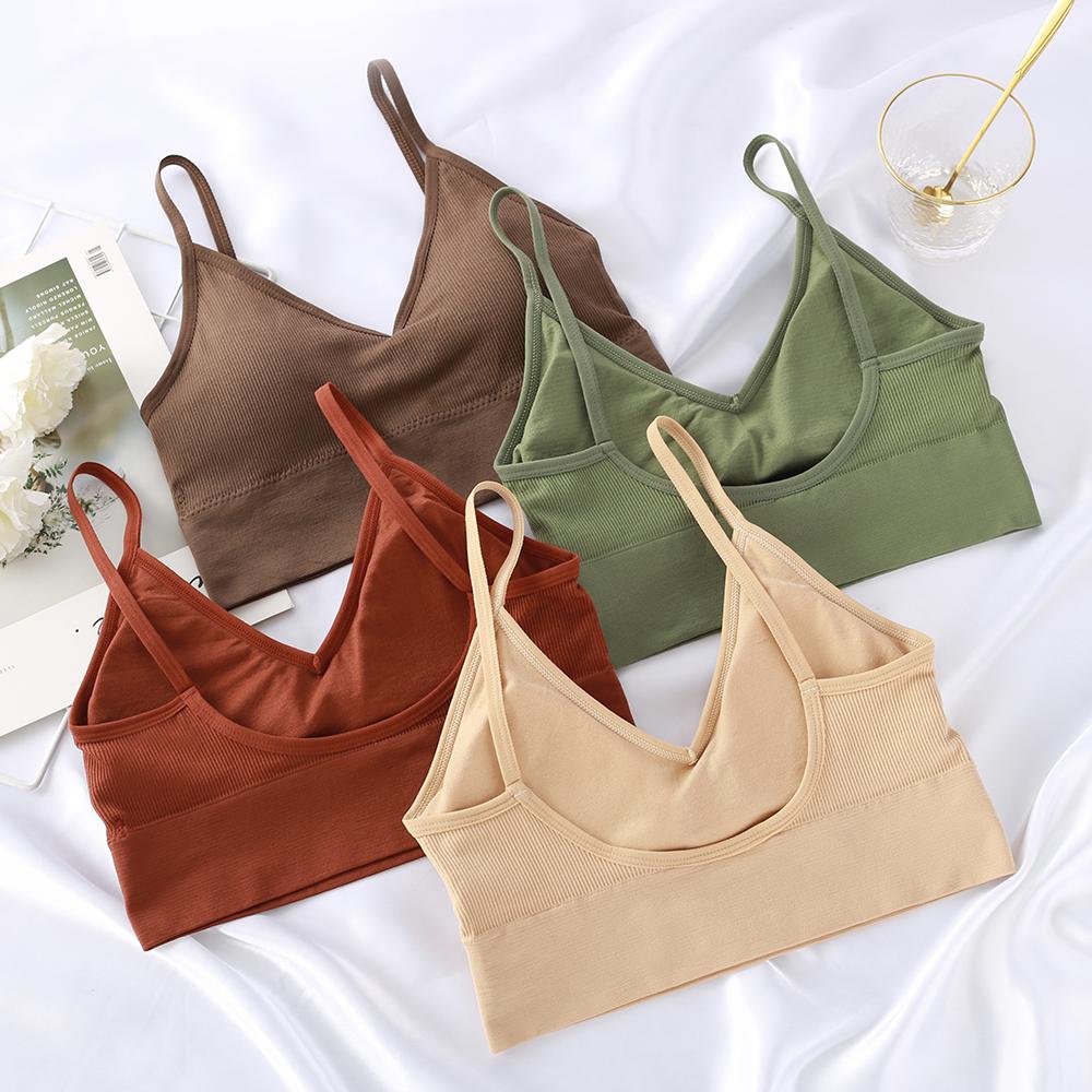 Mulheres Tank Crop Top Sem Costura Sem Costura Deep V Camisole Underwear Anti-Exposição Tubo Top Removível Camisola