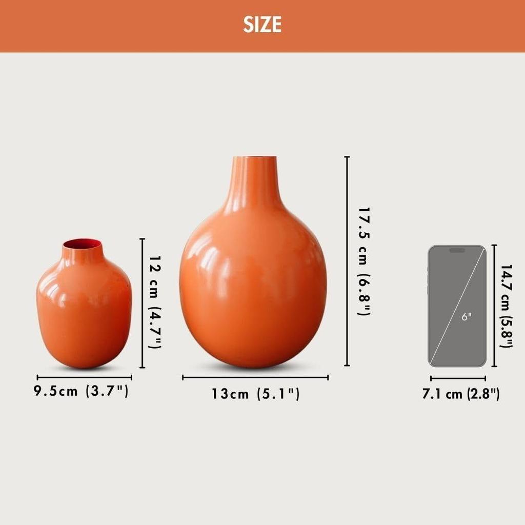 Orange Metal Flower Vase for Home Decor| Decoration Item for Living Room Office| Table Decorative Flower Pot for Gifting | (Pack of 2, Orange)