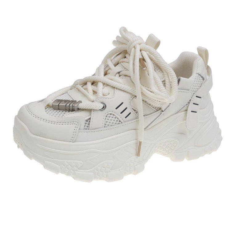 Thick-soled Dad Shoes Women's 2025 Spring New Leather Versatile Breathable Mesh Sneakers Lightweight Casual Little White Shoes