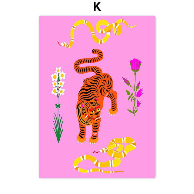 Tiger Mother Cartoon Animal Pink Wild Tiger Snake Wall Art Canvas Painting Nordic Posters Prints Pictures Kids Living Room Decor No Frame