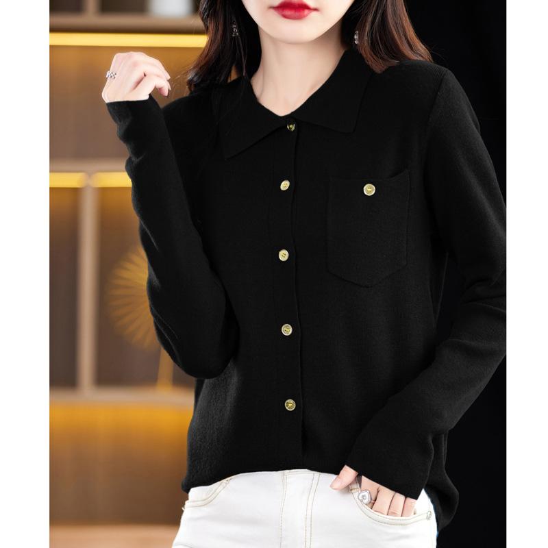 

Осень Новый Свитер-кардиган с воротником поло на пуговицах Нишевый дизайн Верхняя одежда с длинным рукавом Вязаный базовый топ XXL чёрный