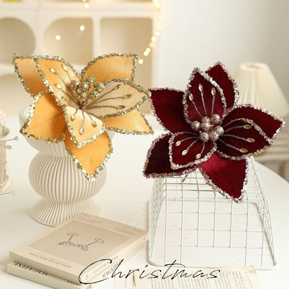 Sequins Artificial Poinsettia Flower 26CM Simulation Flowers Christmas Tree Accessory