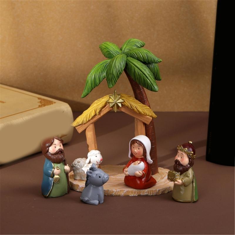 Christmas Cartoon Nativity Scene Miniature Figurines Set Resin Manger Scene Statues Ornaments for Home Decoration Collectible Gift