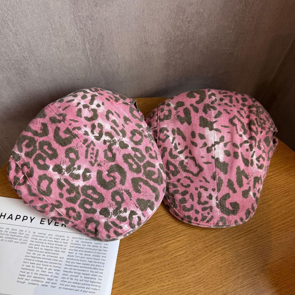 Pink Leopard Retro Print Hat With Wide Brim Breathability Beret For Casual Wear