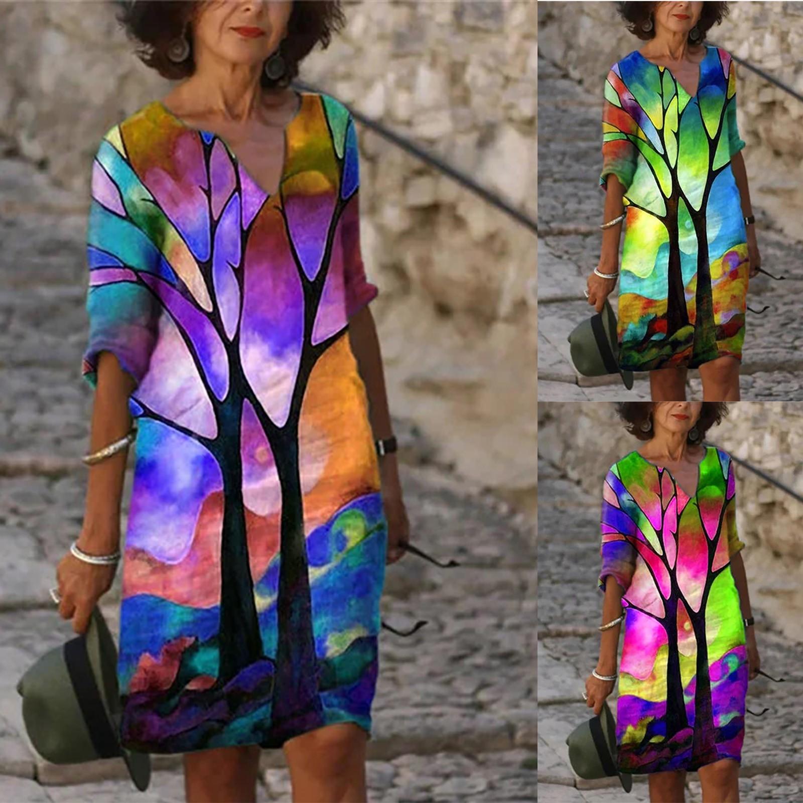 

Женское повседневное модное свободное платье со средними рукавами с v-образным вырезом и индивидуальным принтом