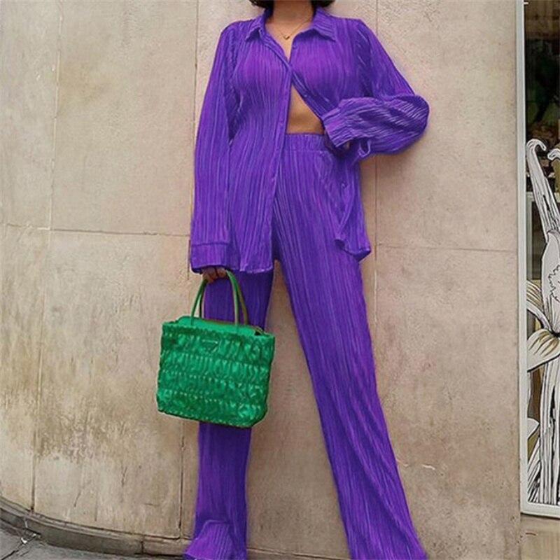 Casual High Wasit Pleated Pants Set Women Autumn Long Sleeve Blouses Matching Wide Trousers Suit Green Pleated 2 Piece Pant Sets