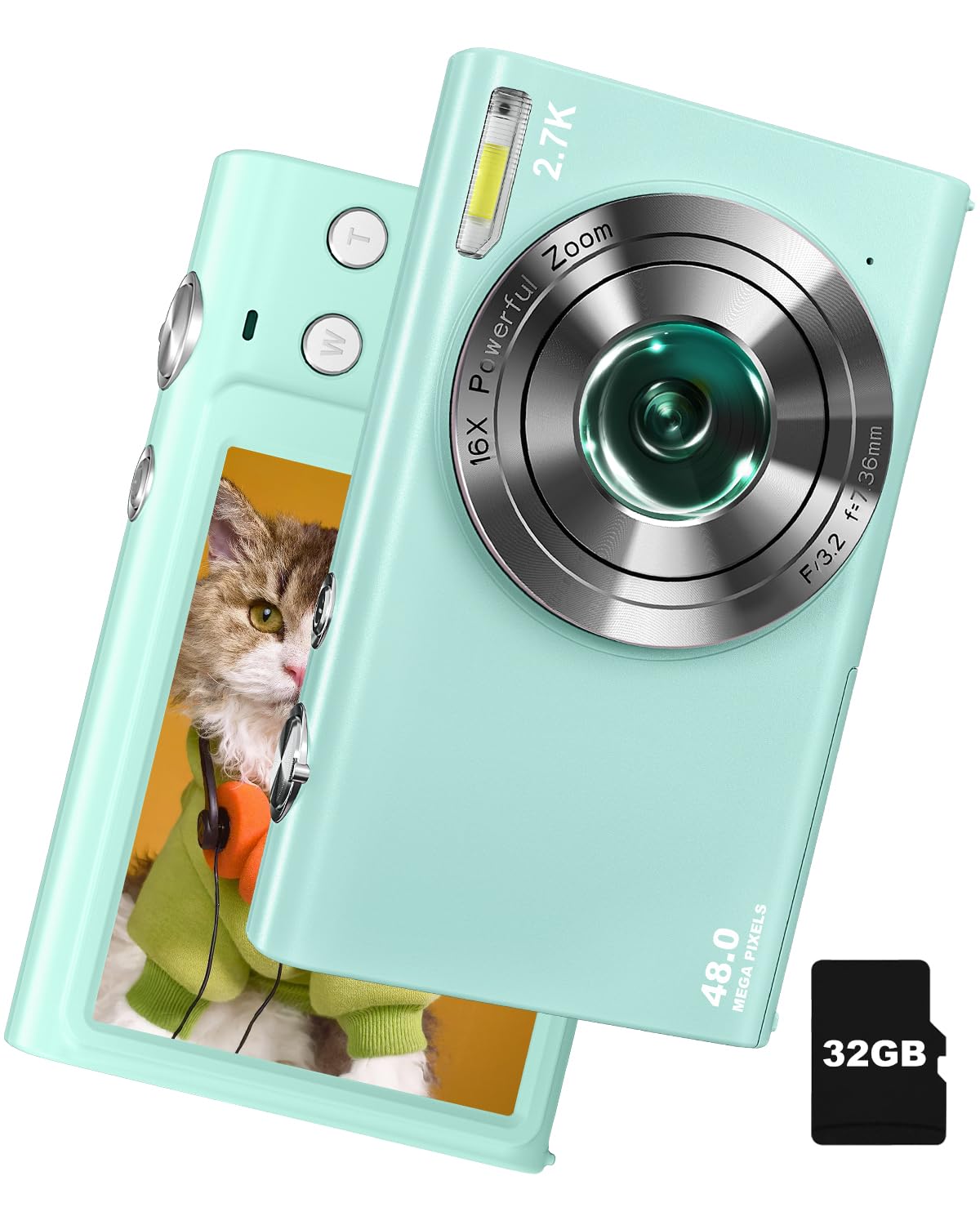 

48MP Digital Camera with Video AF 3cm Macro Time Slow Includes 2 Batteries and a 32g for School and Kids 2.7K Recording, Function, Photography, Lapse, зелений