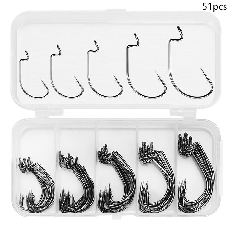 51Pcs Crank Hook Small Box Set Black Nickel Hook Subbait Wide Belly Crank Hook Soft Bait Hook Box